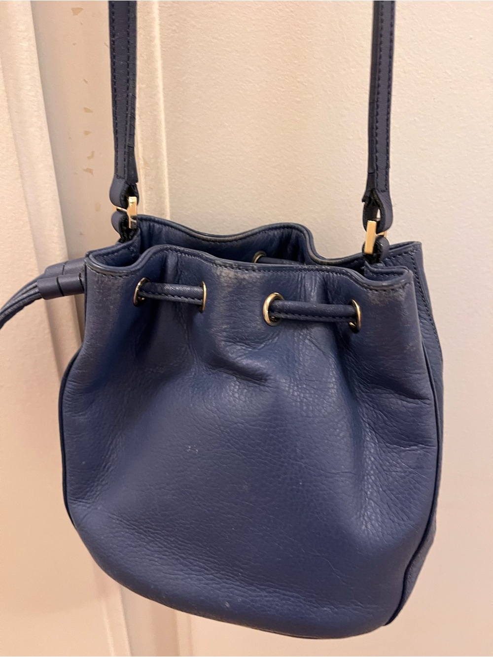 Cole Haan Blue Pebbled Leather Drawstring Crossbody